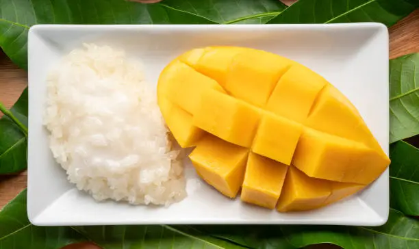 Sweet Mango and Sticky Rice with Coconut Milk, Sticky rice with mango and coconut milk on white plate over mango leaf