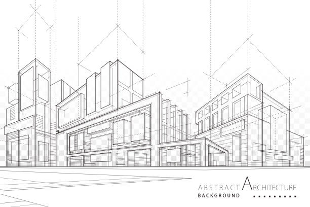 architektura budynek konstrukcja perspektywiczny projekt, abstrakcyjny nowoczesny budynek miejski out-line czarno-biały rysunek. - architektura stock illustrations