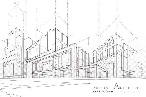 Vector illustration of Architecture building construction perspective design, abstract modern urban building out-line black and white drawing.
