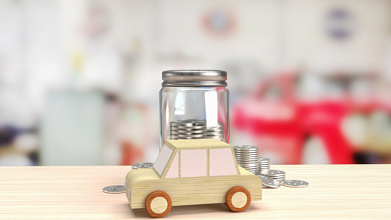 car wood toy and jar coins for saving concept 3d rendering