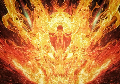 3D illustration of fire flames burning in the shape of a dragon