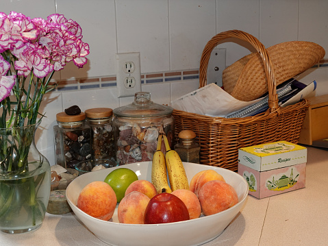 Kitchen counter fruit bowl, flowers, sea shells, and recipe box.
