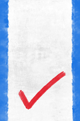 A faded light pastel blue colored backdrop with one red contrast check mark symbol. There is ample copy space and no people. Apt for use as Quality Control, Approved or Pass, related banners, posters templates.