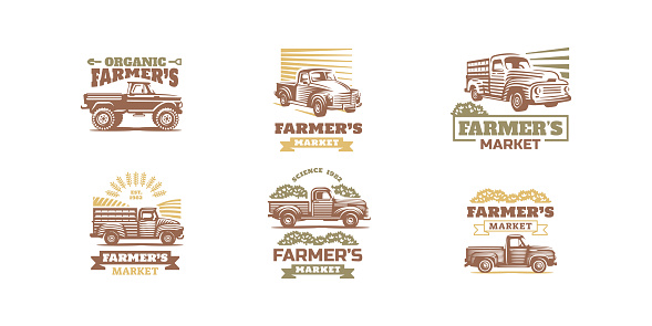 Farmer market posters with vintage pickup truck drawing in etching style. Vector flyers set with engraving illustrations of classic farm car, rustic lorry isolated on white background