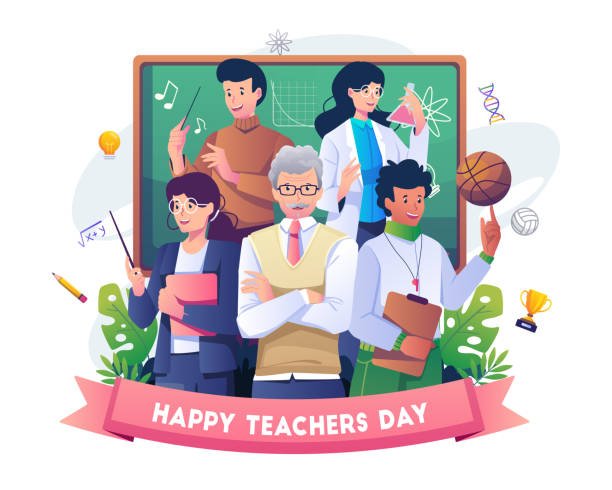happy teacher's day z grupą nauczycieli z różnych przedmiotów zbiera się w dniu nauczyciela. ilustracja wektorowa w płaskim stylu - dzień nauczyciela stock illustrations
