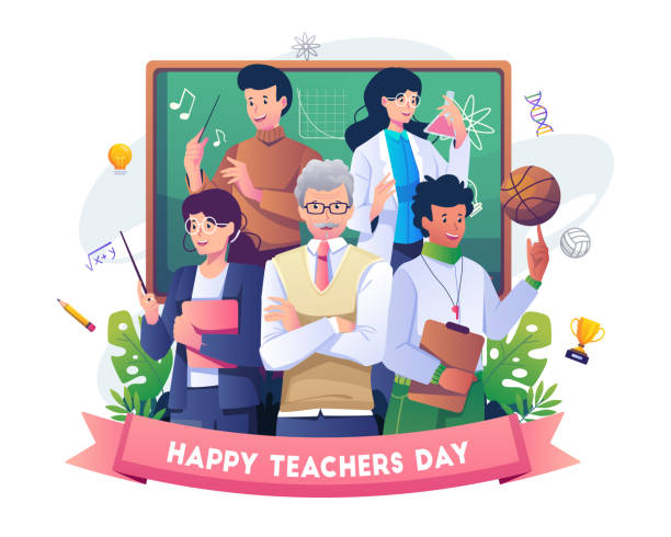 happy teacher's day with a group of teachers from various subjects gathers on teacher's day. vector illustration in flat style - öğretmenler günü stock illustrations