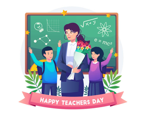 two students give flowers to their female teacher on teacher's day. vector illustration in flat style - öğretmenler günü stock illustrations