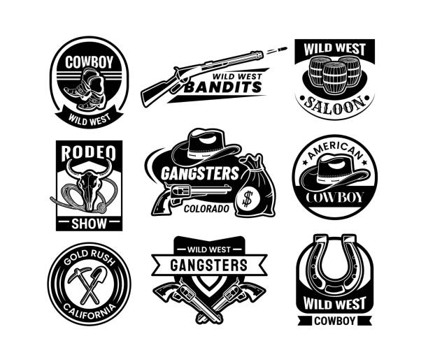 Western cowboy logo. Vintage Wild West gun and rodeo in ranch. Texas county cow and horse. American boy signs. Black silhouette symbols for saloon and gold miners. Vector emblems set Western cowboy logo. Vintage Wild West gun and rodeo in ranch. Texas county cow and horse. American boy isolated signs. Black silhouette symbols for saloon and gold miners. Vector design emblems set silhouette of a cowboys logo pic stock illustrations