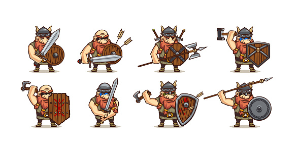Viking with different medieval weapon and armor. Vector cartoon set of game character, strong man barbarian in helmet, norse warrior with wooden and metal shields, sword, hammer, spear and axe