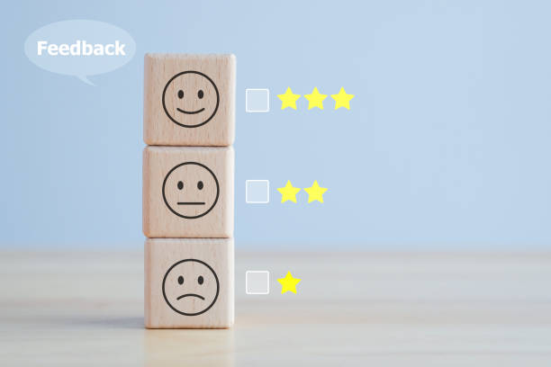 istock Customer service rating experience and feedback emotion and satisfaction survey concept. wood cube with smile, normal and sad face and star. Negative, neutral and positive facial expressions. 1416796543