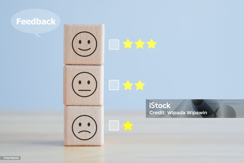 Customer service rating experience and feedback emotion and satisfaction survey concept. wood cube with smile, normal and sad face and star. Negative, neutral and positive facial expressions. Feedback Stock Photo