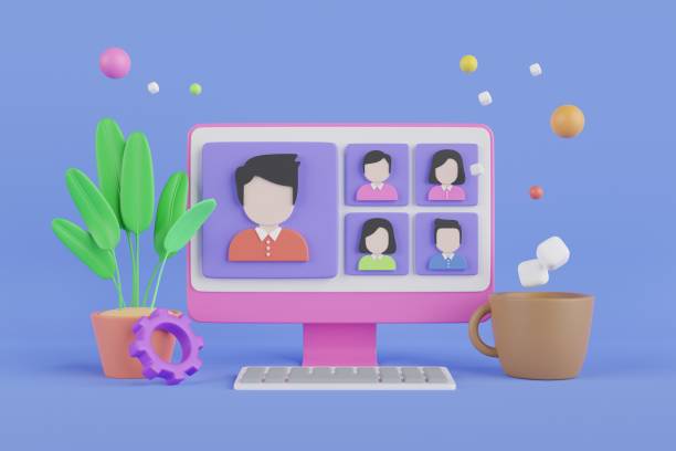 3D illustration of home video call, online work conference concept.Online Meeting, Virtual Conference Video call, Briefing, Teamwork Concept with 3d shapes, chat box, cog, infographic. 3d rendering ilustración 3d de videollamada casera, concepto de conferencia de trabajo en línea. reunión en línea, videollamada de conferencia virtual, briefing, concepto de trabajo en equipo con formas 3d, cuadro de chat, engranaje, infografía. renderizado 3d