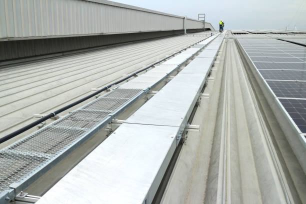 Solar PV on Warehouse Roof with Facilities stock photo