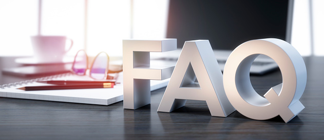 3D render of a FAQ sign on a office workplace background