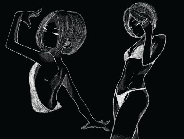 istock Anime girl posing at the camera, drawn with a white pencil, dark background 1416803769