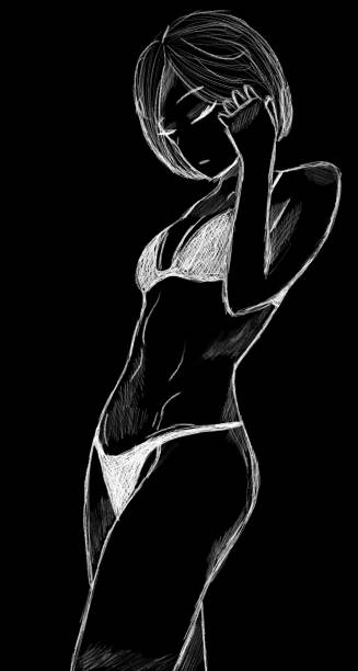 istock Anime girl posing at the camera, drawn with a white pencil, dark background 1416803914