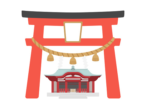 An illustration of a torii gate and the exterior of a shrine.