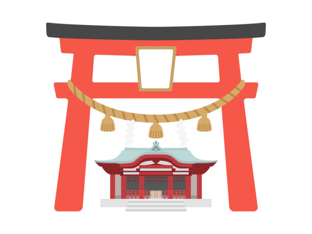 An illustration of a torii gate and the exterior of a shrine. An illustration of a torii gate and the exterior of a shrine. shinto shrine stock illustrations