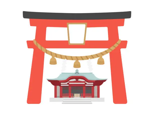 Vector illustration of An illustration of a torii gate and the exterior of a shrine.