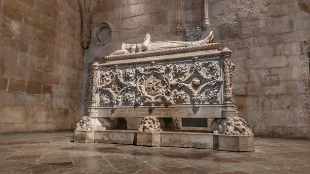 Sepulcher of Vasco da Gama in Lisbon. The tomb features neo-Manueline nautical symbols and features a carved image of the famous Portuguese explorer.