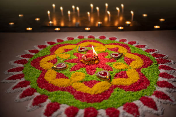 Traditional diya lamps lit during diwali celebration