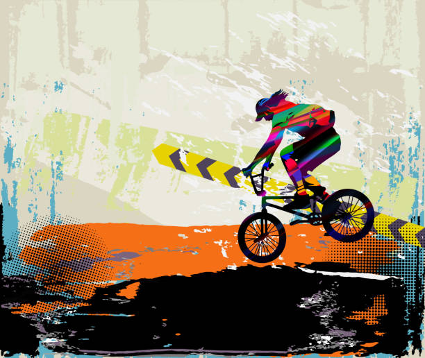 Cyclist jumping Cyclist jumping, extreme sport vector illustration bmx racing stock illustrations