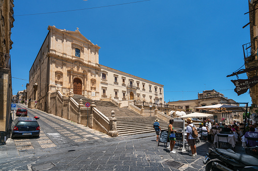 Noto. Italy - July 9, 2022: Front View of Church of San Francesco d’Assisi alla’Immacolata in Noto, Province of Syracuse