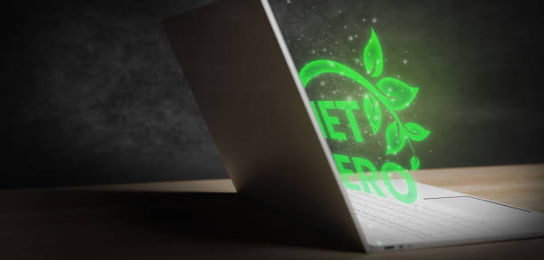 istock Net Zero leaf icon glowing like a hologram in laptop 3D Render 1416820265