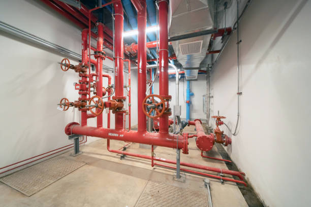 istock Industry factory. Chiller tower on rooftop building. Fire protection system work machine. Condenser Water Supply pipe lines. Workshop site. 1416827325
