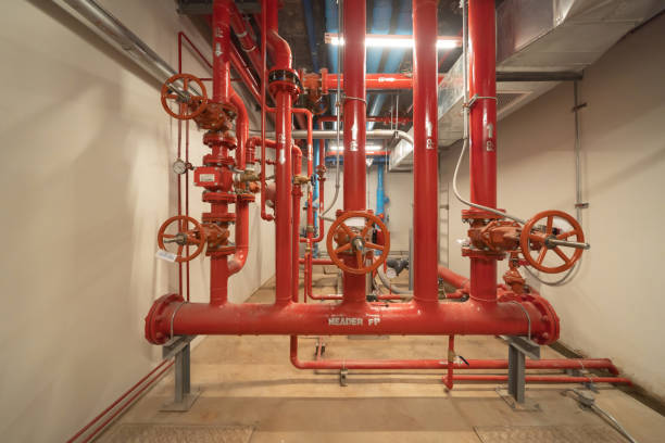 istock Industry factory. Chiller tower on rooftop building. Fire protection system work machine. Condenser Water Supply pipe lines. Workshop site. 1416827400