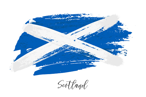 Flag of Scotland made of watercolor brush with grunge texture vector illustration. Abstract Scottish brushstroke national symbol of country, scratched ensign in official colors isolated on white