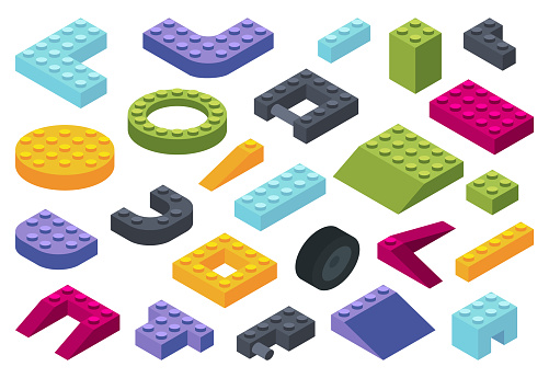 Constructor isometric. Plastic blocks and bricks collection. Children colorful plastic toy. 3D vector illustration.