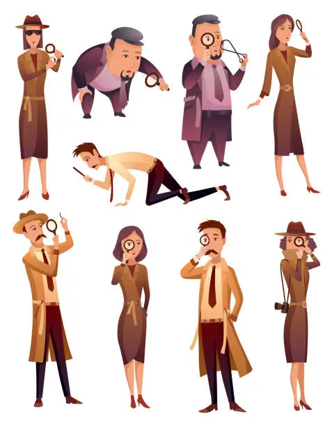 Vector illustration of Male and female private detectives and inspectors investigate crime and look for evidence. Detective characters with magnifying glass cartoon flat style