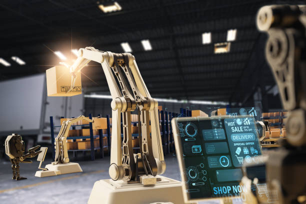 istock AI Robot arm Object for manufacturing industry technology Product export and import of future Robot cyber in the warehouse by hand mechanical future technology 1416833631