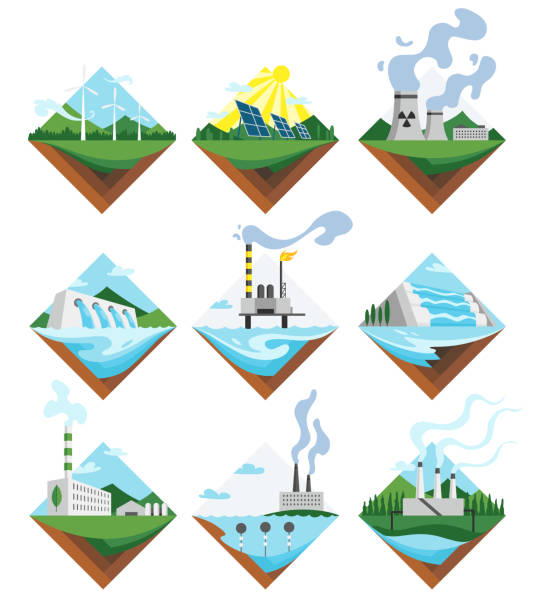 Generation energy types icon set. Power stations sign collection. Modern technology, ecological no emissions industry, sustainability concept Generation energy types icon set. Power stations sign collection. Modern technology, ecological no emissions industry, sustainability concept. nonrenewable resources stock illustrations