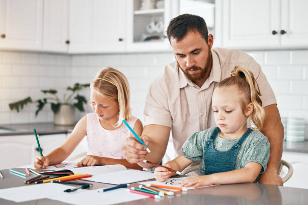 istock Learning, education and homework with a single father helping and teaching his daughter with her school project. Young man and his children drawing, coloring and writing in the kitchen as a family 1416834059