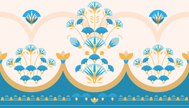 istock Seamless pattern vector illustration of the Egyptian ancient  ornament with a lotus flower, leaves, papyrus, palm tree.  Egyptian element  For wallpaper, wrapping, paper, fabric, background 1416836164