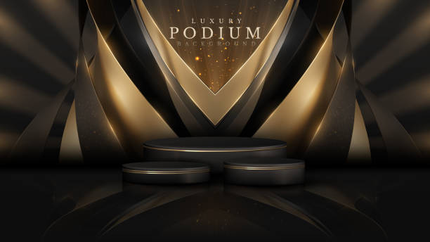 istock Product display podium with golden curve line decoration and glitter light effect elements and star. Black luxury background. 1416836169