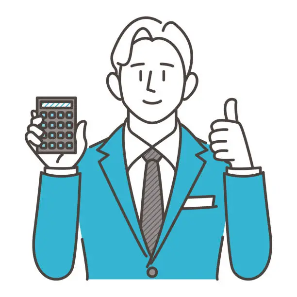 Vector illustration of Male businessperson in a suit calculating on a calculator [Vector illustration].