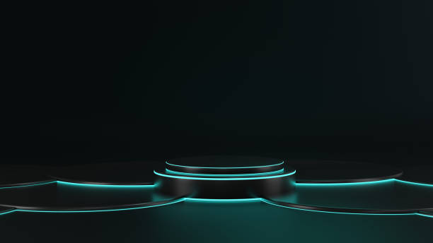 istock 3D render of Cylinder podium with blue neon lights on dark background. podium for technology product presentation. empty dark. neon light display with blank backdrops. 1416840013