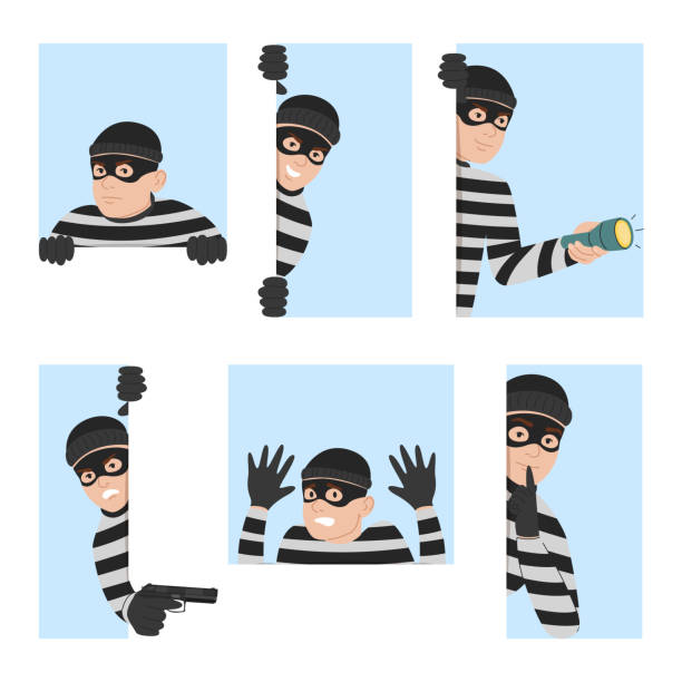 Set of criminal looking out of corner Set of criminal looking out of corners vector isolated. Illustration of a thief hiding behind the wall. Dangerous character in mask. burglar stock illustrations