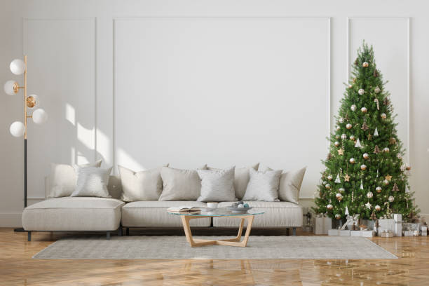 istock Modern Living Room Interior With Christmas Tree, Ornaments, Gift Boxes And Coffee Table 1416853744