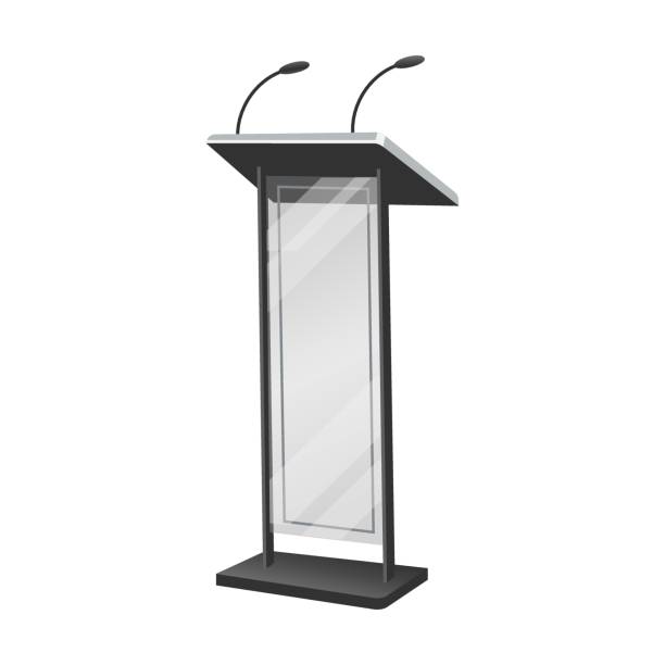 istock Metal podiums vector illustration. Rostrums or tribunes with microphones for interviews or lectures in classroom isolated on white 1416855952