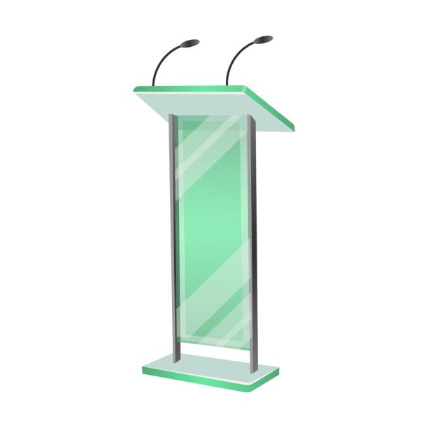 istock Glass and metal podiums vector illustration. Rostrums or tribunes with microphones for interviews or lectures in classroom isolated on white 1416857099