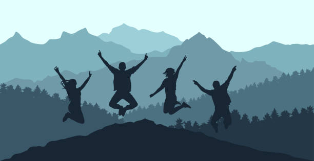 森や山々を背景に飛び跳ねる人、シルエット。美しい自然。ベクターイラストレーション - four people illustrations点のイラスト素材／クリップアート素材／マンガ素材／アイコン素材