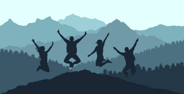 ilustrações de stock, clip art, desenhos animados e ícones de jumping people on background of forest and mountains, silhouette. beautiful nature. vector illustration - four people illustrations