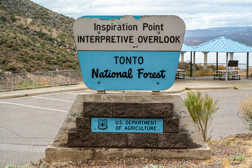 Tonto NF, AZ, USA - Dec 25, 2021: A welcoming signboard at the entry point of park