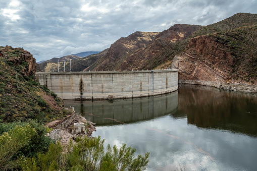 Bradbury Dam at Lake Cachuma Reservoir during drought in Santa Ynez County in California