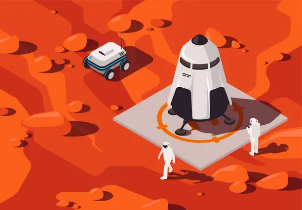 Vector illustration of Vector illustration of a futuristic passenger rocket on the surface of Mars, pre-flight training with people and drones on wheels in the style of isometry on the Martian surface, a research mission on Mars