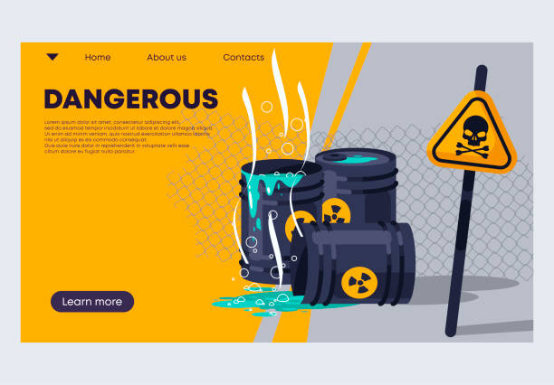 ilustracja wektorowa szablonu banera na stronę internetową, niebezpieczne odpady chemiczne w beczkach, znak ostrzegawczy niebezpieczeństwa - hazardous materials protection stock illustrations